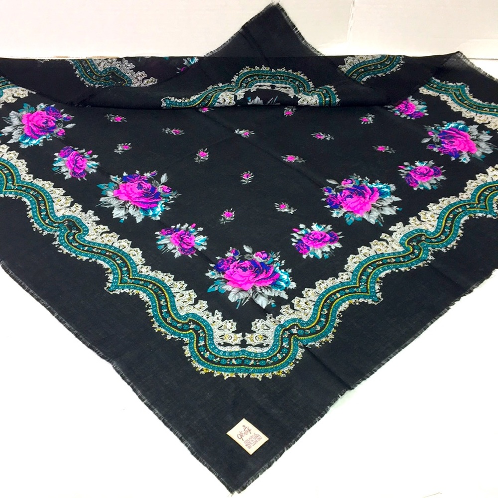 VTG Scarf‎ Black Floral Pinks 30X30 inches Glentex Made in Japan Acrylic